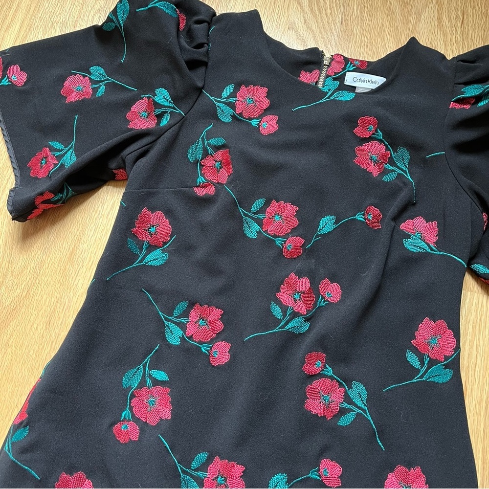 Calvin Klein Black Dress with Red Rose Embroidery - Size 10 - Picture 6 of 10